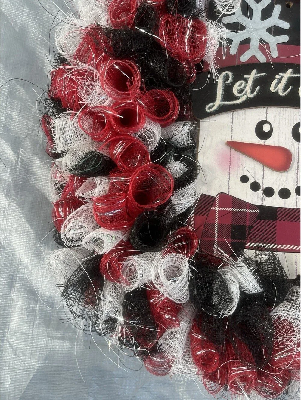 SNOWMAN ⛄ Let It Snow Christmas Winter Wreath Deco Mesh Burgundy Black White 17”
